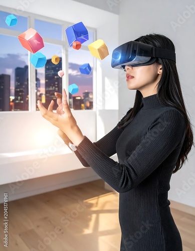 Young Woman Using Virtual Reality Headset with Floating Colorful Cubes in Modern Room at Sunset