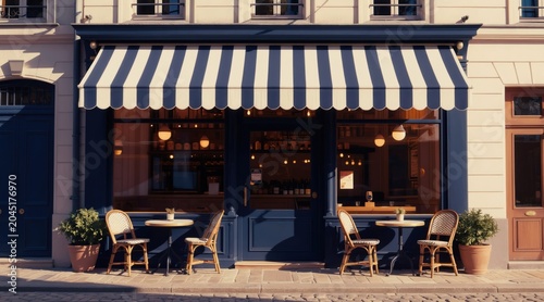 European cafe storefront with striped awning and outdoor seating. Two rattan chairs and tables sit on cobblestone sidewalk. Building facade features classic architecture and dark blue doors.