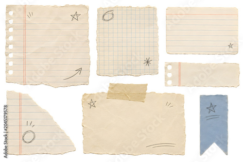 Vintage torn paper cutouts with lined grid backgrounds and hand-drawn symbols for design projects