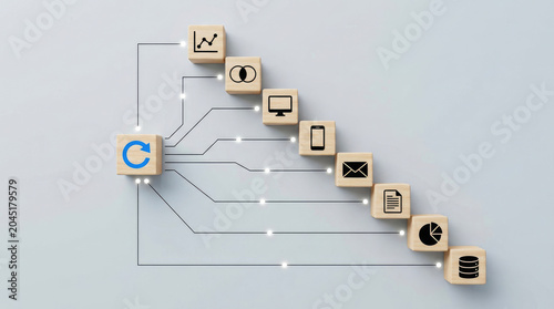 Data flow diagram with cubes showing technology and analytics icons.