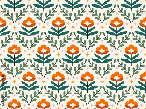 Cute geometric floral art deco pattern. Seamless stylized flower background. Modern retro textile print.