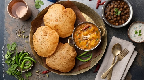 Chole Bhature and Puri Sabzi Served in Brass Platters with Spices Top View