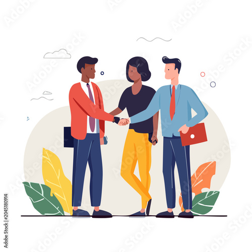 Diverse business people shaking hands in flat design style