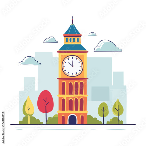 Flat design illustration of a clock tower with trees and clouds