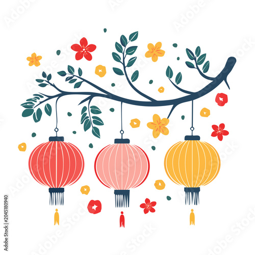 Flat design illustration of hanging lanterns and flowers on a branch