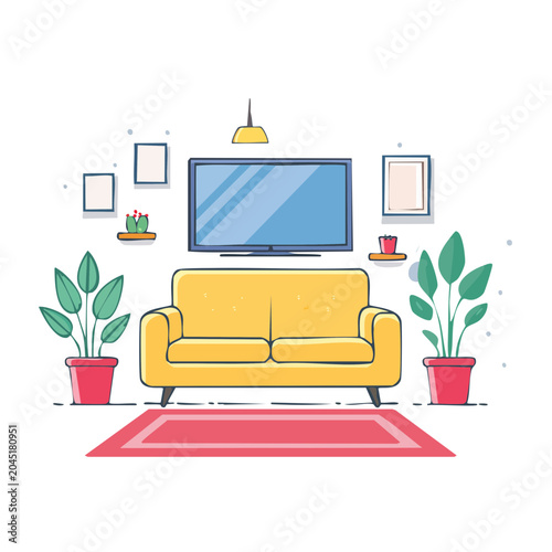 Flat design living room with yellow sofa, TV, and plants