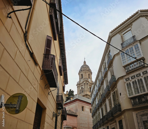 Cathedral of Malaga Tower Rising Above Old Town Streets in Andalusia Spain
