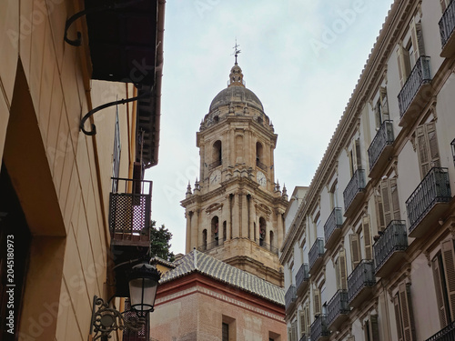 Cathedral of Malaga Tower Rising Above Old Town Streets in Andalusia Spain