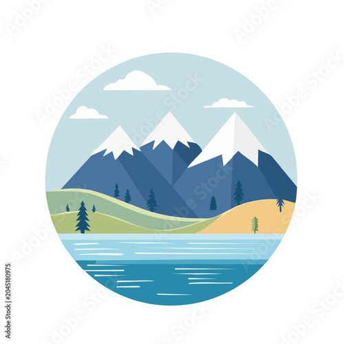 Flat design mountain landscape with lake and trees