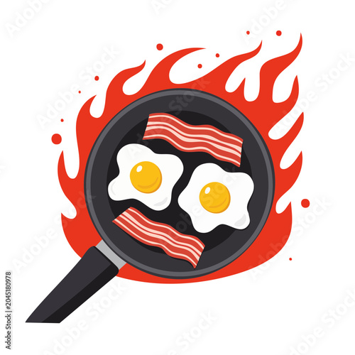 Frying pan with eggs and bacon on fire
