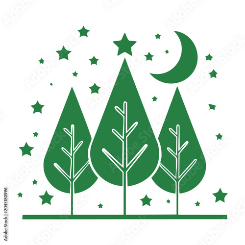Green trees under a night sky with moon and stars