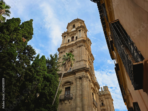 Ornate Facade and Towers of the Malaga Cathedral in Andalusia, Spain