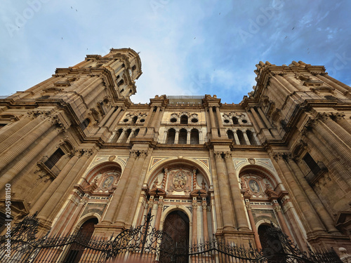 Ornate Facade and Towers of the Malaga Cathedral in Andalusia, Spain