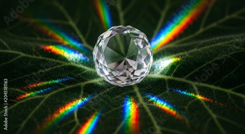 Diamond on leaf with rainbow light refractions sparkling crystal gemstone