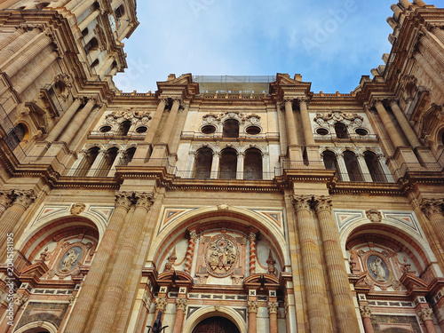 Ornate Facade and Towers of the Malaga Cathedral in Andalusia, Spain
