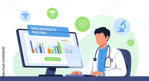 Doctor reviewing new lab results on computer, medical icons, healthcare technology concept