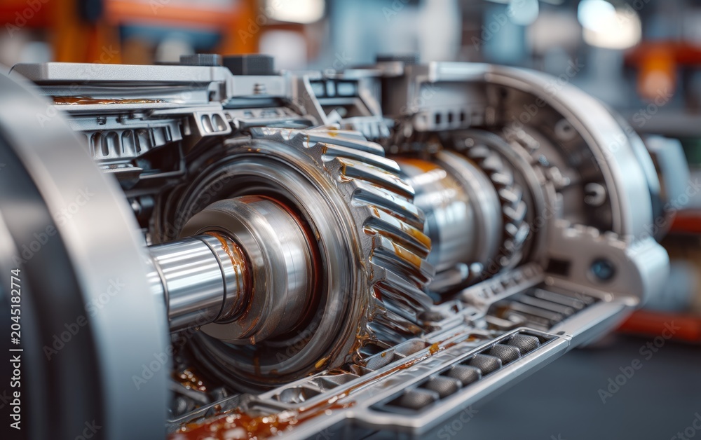 Fototapeta premium Close-up of metal gear and shaft inside industrial mechanical system with lubrication