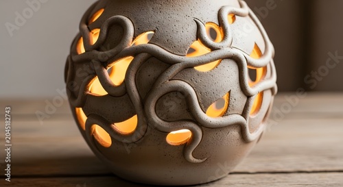 Warmth of a handmade clay lantern on a wooden table