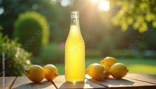 Refreshing Lemonade Bottle with Fresh Lemons on Wooden Table with Copy Space