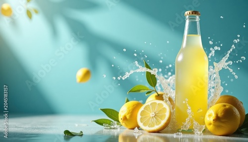 Refreshing Lemonade Bottle with Splash and Copy Space