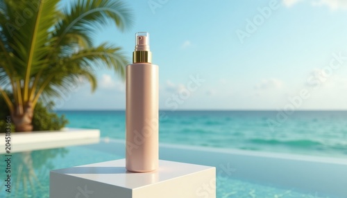 Luxury skincare bottle by pool with tropical background and copy space