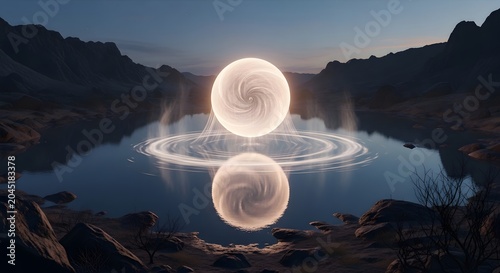 Glowing white spiral orb floats above serene mountain lake at dusk with rocky shoreline and calm water reflection