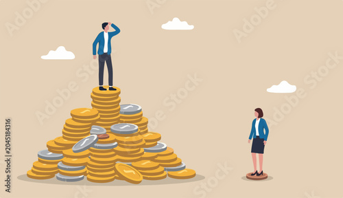 Gender pay gap, inequality between man and woman wage, salary or income, issue about gender diversification concept, businessman standing much more paid money coins, woman on less small income coin