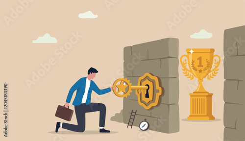 Unlock key to success, solution achieve to winning opportunity, chance challenge, ambition motivation succeed in life, hard work, businessman key too success unlock winning trophy