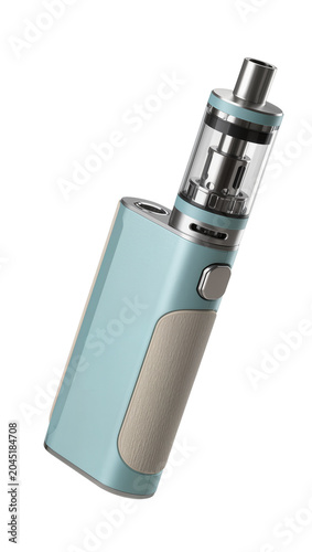 Isolated stylish light blue and beige vape pen with transparent e-liquid chamber.