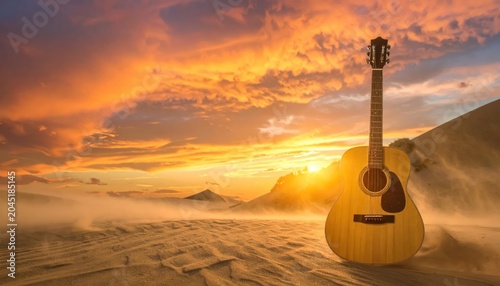 Guitar on Beach at Sunset Serene Landscape.