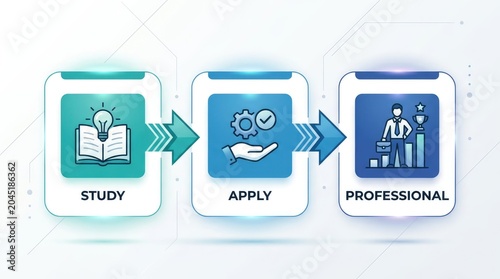 The process of studying, applying knowledge, and becoming a professional, depicted in three distinct stages with icons and text labels