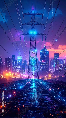 Neon Electric Transmission Tower Glowing Above Urban Skyline at Twilight