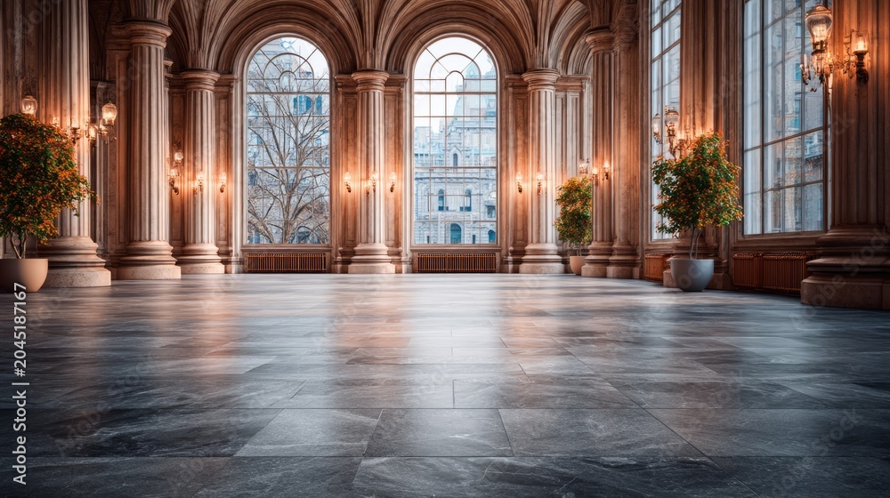 Fototapeta premium Elegant grand hall with ornate columns large arched windows and stone floor