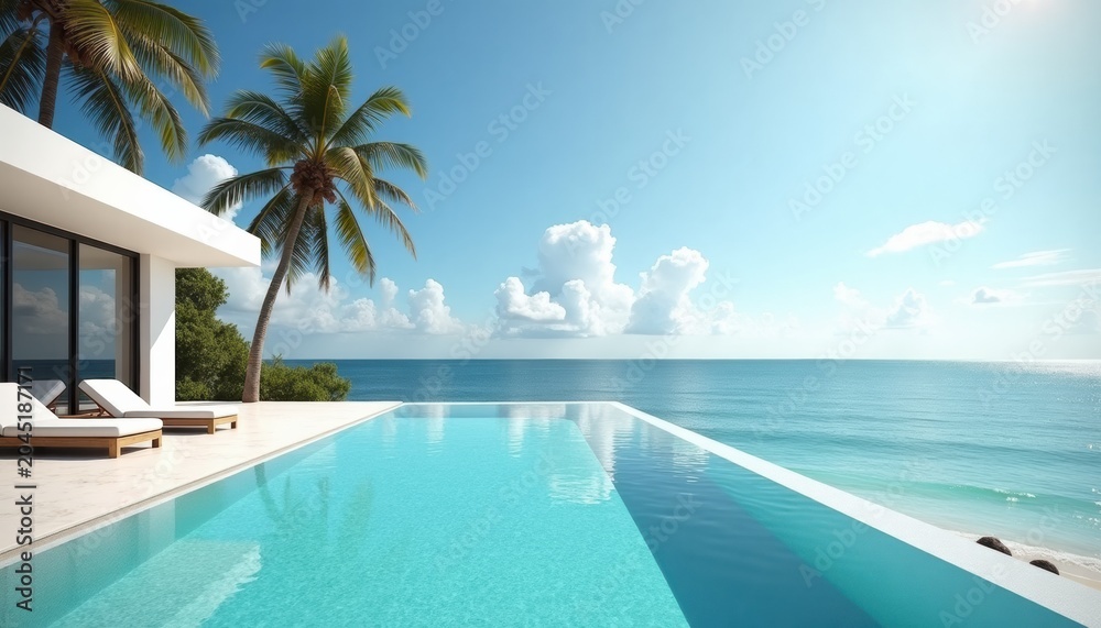 Fototapeta premium Luxury Infinity Pool Overlooking Ocean with Copy Space