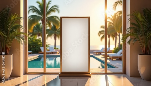 Modern blank vertical banner with copy space near pool and palm trees