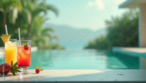 Refreshing tropical cocktails by the pool with copy space