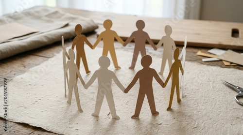 A circle of diverse paper people holding hands, symbolizing unity and equality. The figures represent different skin tones, creating a powerful visual message of inclusivity