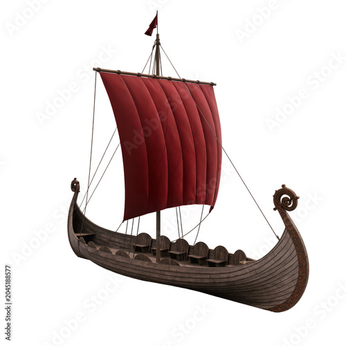 Foto Isolated traditional ancient Viking longship with red square sail, wooden hull,
