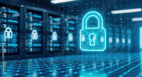 Glowing digital lock icon over server racks in cybersecurity data center environment