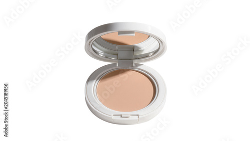 Isolated open cosmetic compact powder with mirror, beige shade for flawless skin complexion