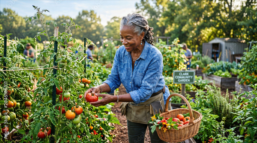 Fototapeta premium Smiling Senior Black Woman Harvesting Fresh Organic Tomatoes into a Wicker Basket at a Vibrant Community Garden