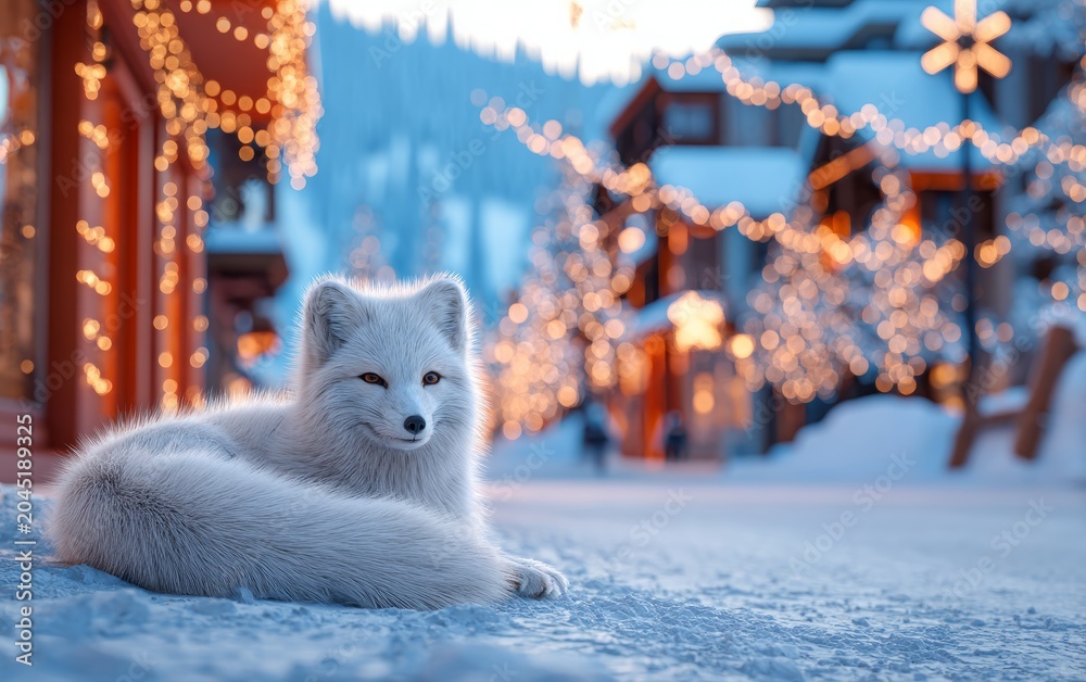 Naklejka premium White Arctic fox lying on snow with festive lights and winter village background