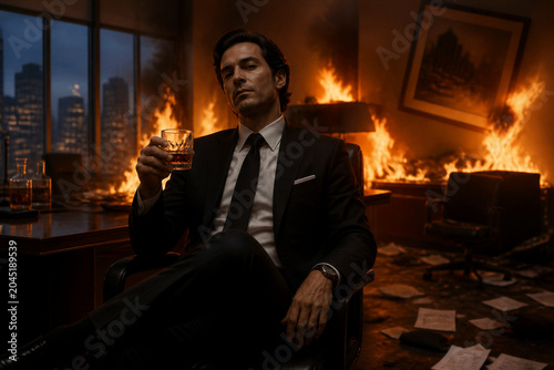 Man holding glass in burning office with city skyline