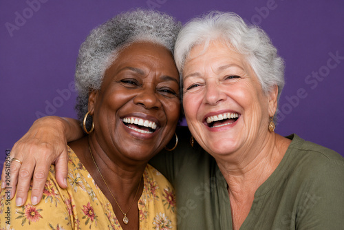 Two elderly women laughing and hugging against purple background