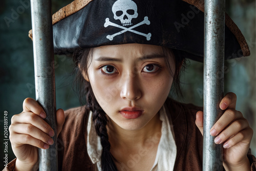Young Asian woman with pirate hat, jolly roger skull and bones on top, looking from behind prison jail bars. Piracy is a crime concept. Generative AI