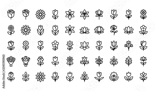 Editable stroke flower line icons bundle with blooming plants and floral symbols in modern outline style