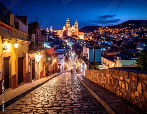 Illuminated Historic Church Overlooking Cobblestone Street in Colorful Hillside City at Dusk