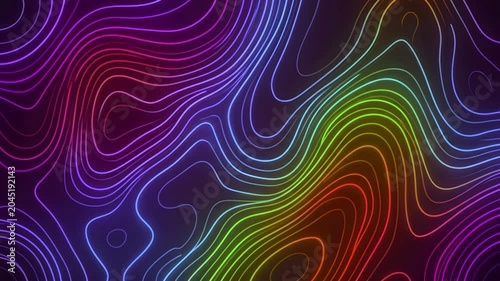 A vibrant gradient background showcasing glowing neon green, blue, and purple topographic wave lines changing shapes frame by frame with a jumpy stop-motion effect. Excellent for creative youth brandi