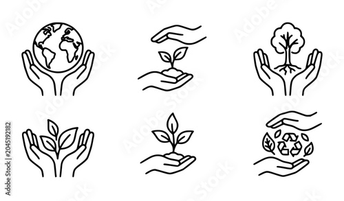 Sustainability and environmental protection icons with hands nurturing earth and plants vector illustration set isolated on white background