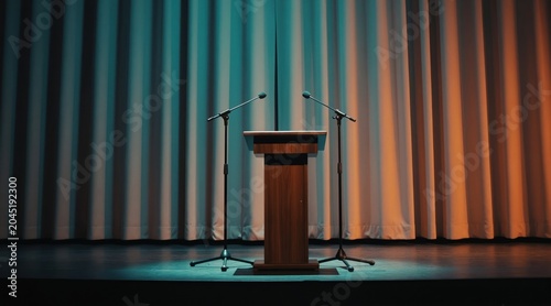 Wooden lectern and microphones stand on empty stage with dimmed lighting. Tall curtains hang behind, creating a dramatic atmosphere for a speech or performance. Ready for speaker.